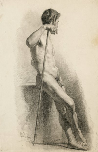 Study of Male Nude with Staff, Side View by Walter Shirlaw